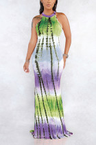 Green Fashion Sexy Tank Sleeveless O neck Asymmetrical Floor-Length Print Patchwork Club Dresse