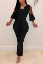 Black Fashion V Neck Ruffled Lace Sleeves With Irregular Jumpsuit