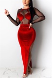 Red Sexy Fashion adult Cap Sleeve Long Sleeves O neck Asymmetrical Ankle-Length Solid backless