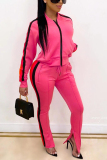 Pink Casual Sports Zipper Stitching Two-Piece Suit