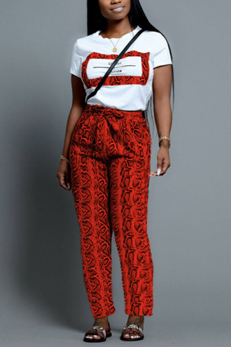 Red Casual Print Straight Short Sleeve Two-piece Pants Set