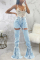 Light Blue Denim Button Fly Sleeveless High Patchwork washing Hole Solid bandage Boot Cut Pants 