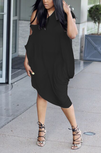Black Street One Shoulder Short Sleeves one shoulder collar Lantern skirt Mid-Calf Solid Club D