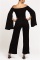Black Fashion Solid Color Long Sleeve Umbilical One-Shoulder Jumpsuit