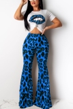 Blue Fashion Sexy Leopard Print Lip Two-Piece Suit