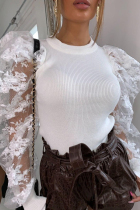 White Fashion Stitching Lace Long Sleeve Top