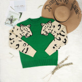 Green Casual Fashion Leopard Print Elastic Sweater