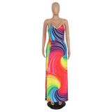 Color Rainbow Sexy Stylish Casual Striped Suspender Long Maxi Dress