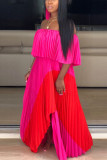 rose red Sexy Fashion Off The Shoulder Short Sleeves One word collar Pleated Floor-Length split asy