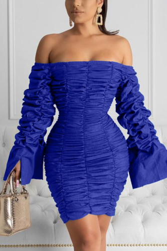 Dark Blue Fashion Casual Puff Sleeve Plisse Solid Dress