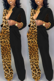 Black Casual Print Leopard grain Patchwork Long Sleeve O Neck Jumpsuits