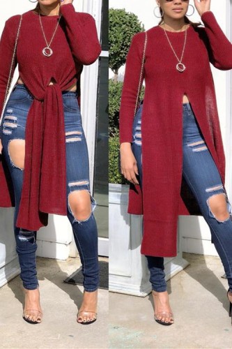 JujubeRed Fashion Round Neck Long Sleeve Irregular Sweater