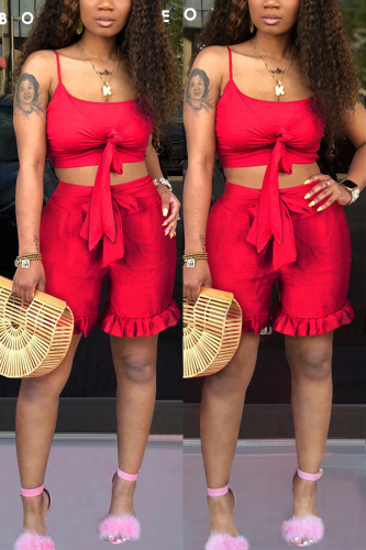 Red Fashion Sexy Solid Two Piece Suits Slim fit asymmetrical Regular Sleeveless Two-Piece Sho