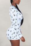 Light Blue Sexy Deep V-Neck Panda Print Long Sleeve Button Rompers