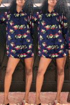Blue Spandex OL Shirt sleeves Long Sleeves Square A-Line Knee-Length Print 