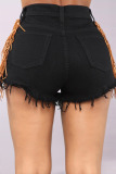 Black Fashion Tassel Stitching High Waist Denim Shorts