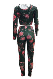 Green Casual Hooded Collar Floral Printed Knitting Two-piece Pants Set (Batch Print)