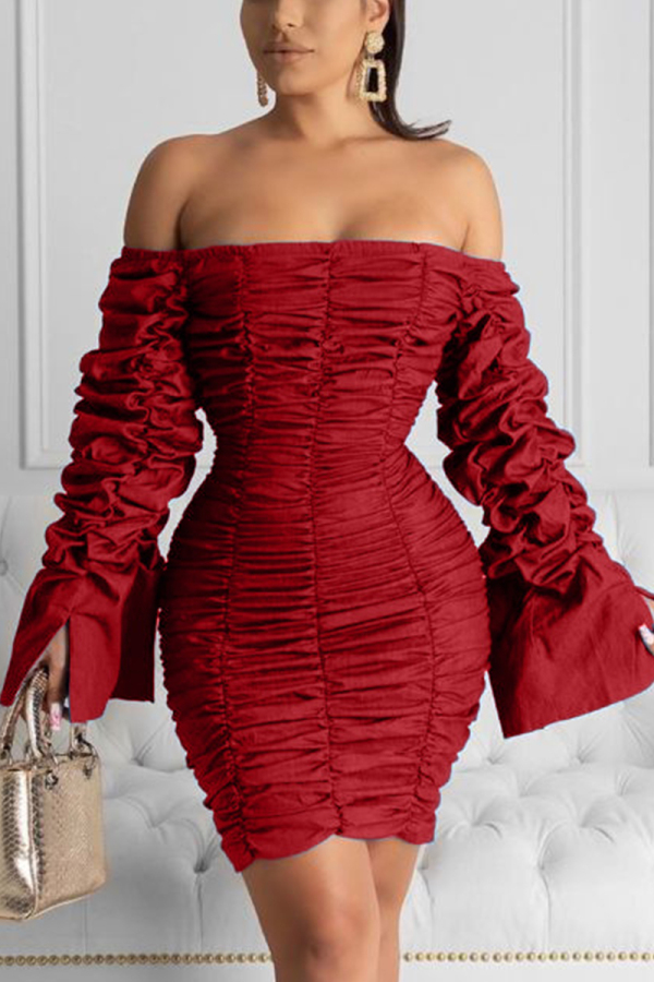 Red Fashion Casual Puff Sleeve Plisse Solid Dress