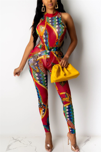 Red Fashion Ma'am adult Sexy Two Piece Suits Print Patchwork pencil Sleeveless Two-piece Pant