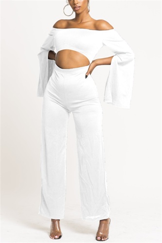 White Fashion Solid Color Long Sleeve Umbilical One-Shoulder Jumpsuit