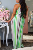 Green Fashion Casual Spaghetti Strap Sleeveless Slip Straight Floor-Length Rainbow Striped Casu
