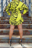 Yellow Spandex Street Shirt sleeves Long Sleeves Notched Step Skirt Knee-Length Print Long Sleeve Dresses