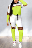 Fluorescent green Casual Fashion adult Patchwork Two Piece Suits Leopard Print pencil Long Sleeve