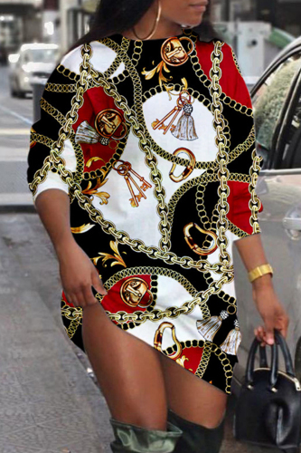 Black Red Casual Daily Print Patchwork O Neck Long Sleeve Dresses