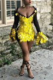 Gold adult Sexy Fashion Spaghetti Strap Long Sleeves V Neck Step Skirt skirt Geometric Sequin P