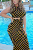 Brown Street Fashion adult Plaid Print Two Piece Suits pencil Sleeveless Two-Piece Dress