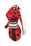 Red Fashion Sexy Cap Sleeve Long Sleeves O neck Hip skirt Mini Patchwork Mesh Print chain Two Piece Dre