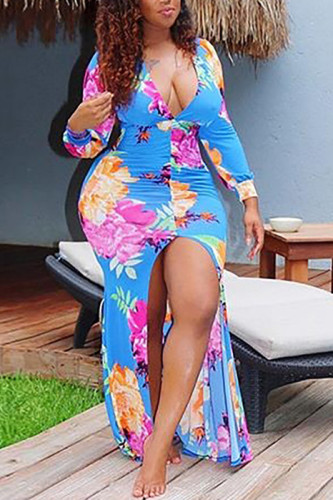 Light Blue Street Fashion adult Sexy Cap Sleeve Long Sleeves V Neck Sheath Ankle-Length Print split F