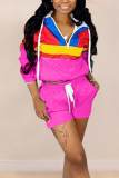 Pink Casual Patchwork Sports Two-piece Set