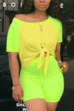 Fluorescent green Fashion Casual Stitching Short Sleeve Top Set