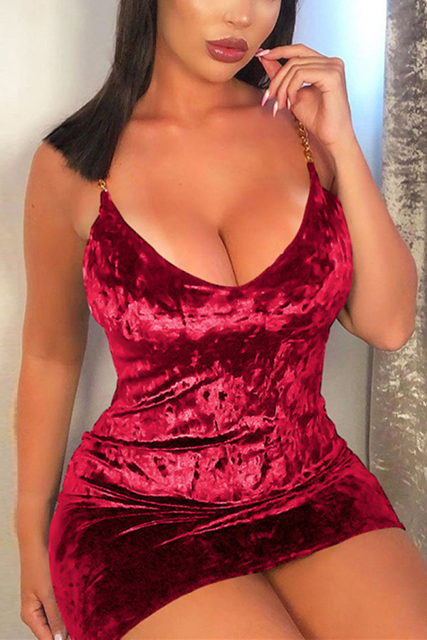 Wine Red Fashion adult Sexy Spaghetti Strap Sleeveless V Neck Step Skirt Mini hollow out Solid Patc