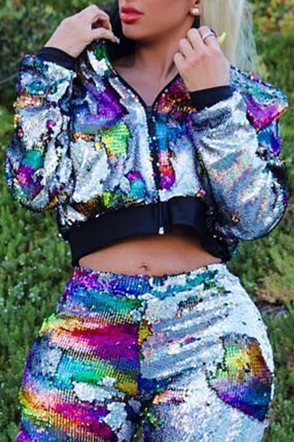 

Multi-color Turndown Collar Sequin Long Sleeve Blazer & Suits &Jacket
