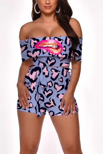 Blue Sexy Fashion Lips Leopard Print Two Piece Set