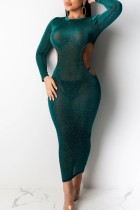 Cyan Sexy Cap Sleeve Long Sleeves O neck Step Skirt Ankle-Length hollow out asymmetrical Solid