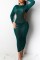 Cyan Sexy Cap Sleeve Long Sleeves O neck Step Skirt Ankle-Length hollow out asymmetrical Solid