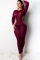 Red purple Sexy Cap Sleeve Long Sleeves O neck Step Skirt Ankle-Length hollow out asymmetrical Solid
