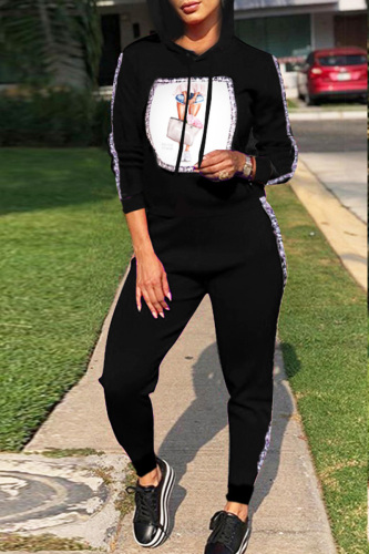 Black Casual Long Sleeve Hoodie Patch Two Piece Suit 