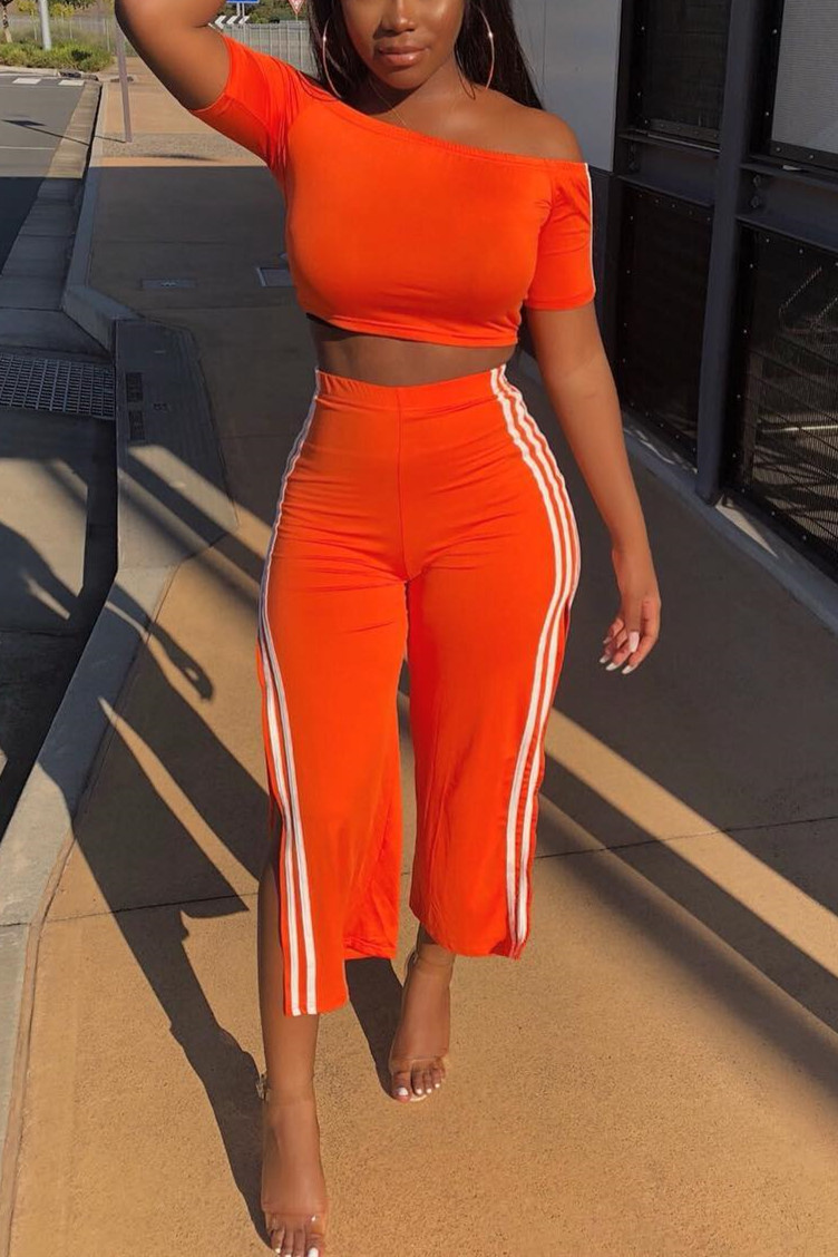 

Orange Patchwork Striped Off Shoulder Two-piece Set