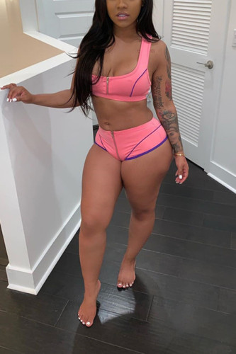 Pink Sexy Fashion Zippered Solid Two Piece Suits asymmetrical Slim fit crop top Skinny Sleevele