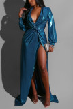 Blue Sexy Fashion Long Sleeve V-Neck Dress