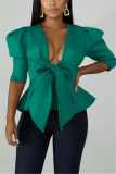 Dark green Fashion Sexy Ruffled Short Sleeve Top