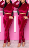 Red Casual Sport Velvet Two Piece Suit
