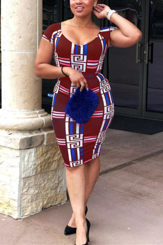 Wine Red Fashion Printing Short Sleeve Dress