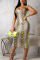 Yellow Fashion Sexy Off The Shoulder Sleeveless Wrapped chest Step Skirt Mid-Calf Print Patchwork 