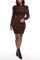Brown Fashion adult Sexy Cap Sleeve Long Sleeves O neck Hip skirt Knee-Length Patchwork Print