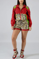 Red Casual Fashion Sports Leopard Stitching Two-Piece Suit